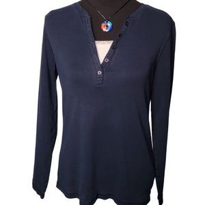 Navy Blue Long Sleeve Top with Lacy Insert– Size Medium